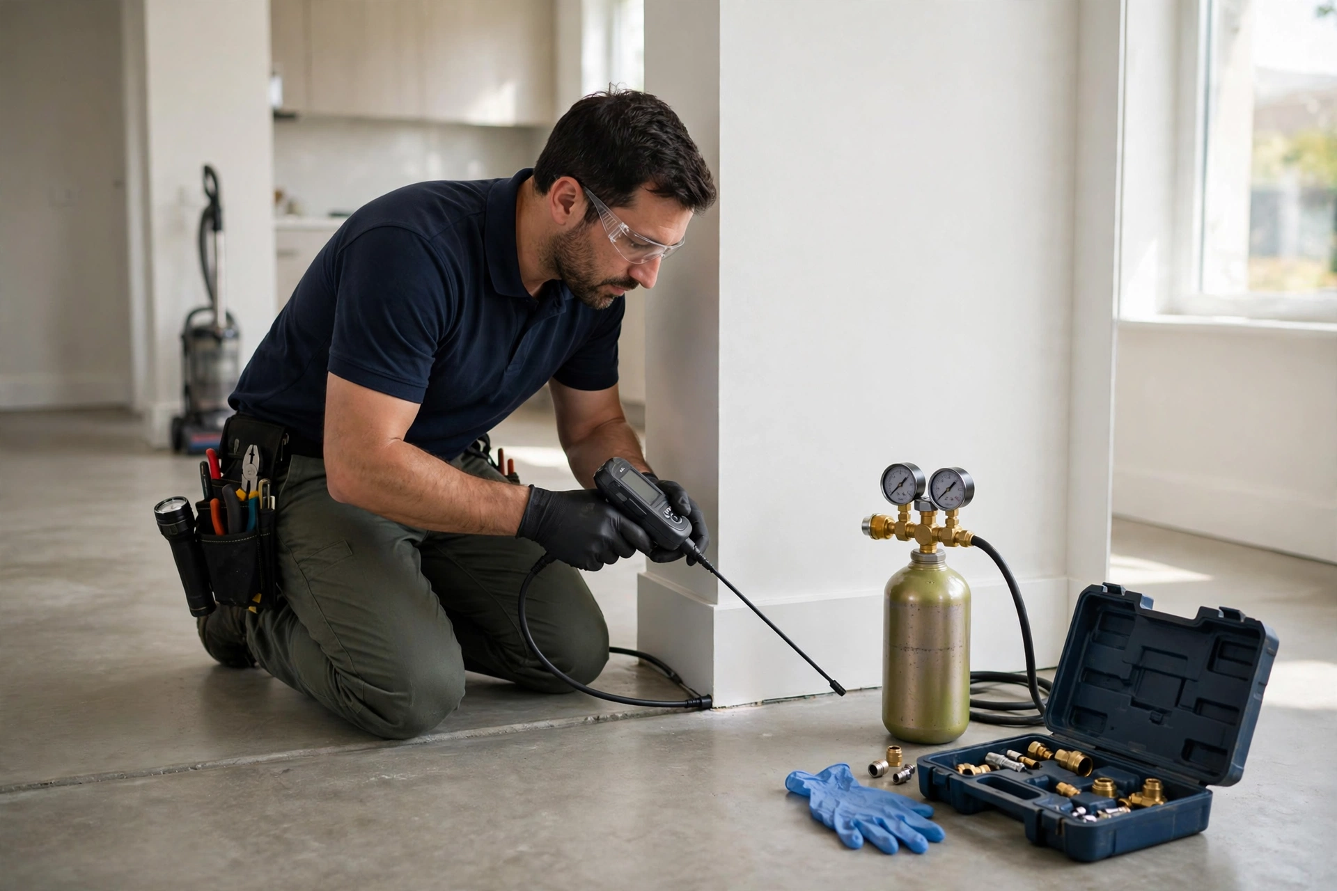 Tracer gas detection with electronic sniffer locating a pinhole leak in Santa Fe NM